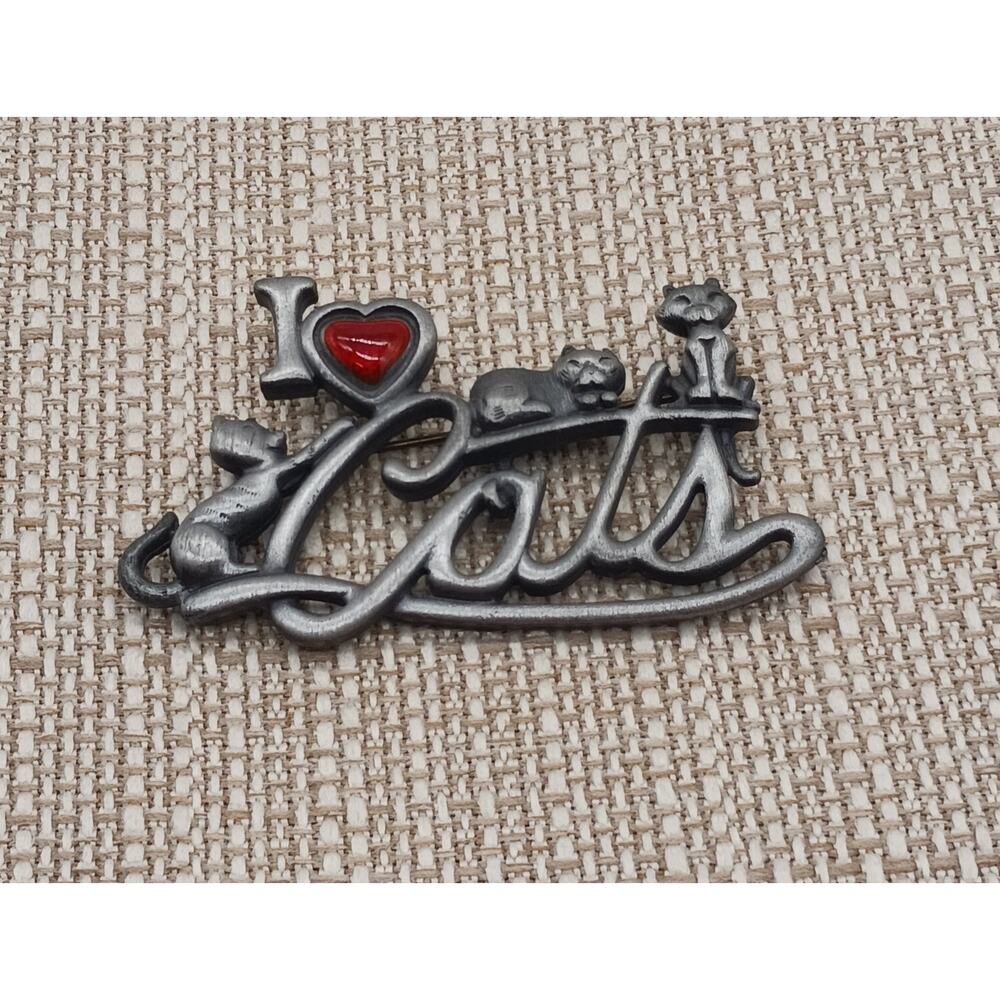 Signed AJC I Love Cats Red Enamel Heart 3 Kitty Cats Silver Tone Pin Brooch Gift